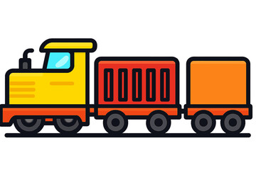 Colorful flat-design cartoon train illustration: yellow locomotive, red slatted cargo wagon, orange enclosed freight car, black outlines, on track, dark background. Ideal for kids' apps, education, tr