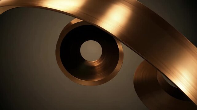 Abstract 3D bronze M&ouml;bius shapes floating rotating mid-air, metallic surface realistic reflections, soft cinematic lighting, dark minimal background, elegant futuristic, 4K ambient luxury abstract art