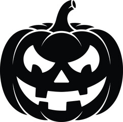 Black halloween pumpkin carving with a scary face on transparent background silhouette