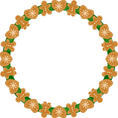 Christmas gingerbread wreath with hearts and cookie figures. Vector clipart.