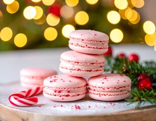 Stacked pink macarons, Christmas-themed