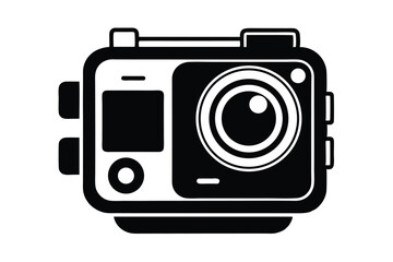 Black and White Graphic Illustration of an Action Camera with Waterproof Housing