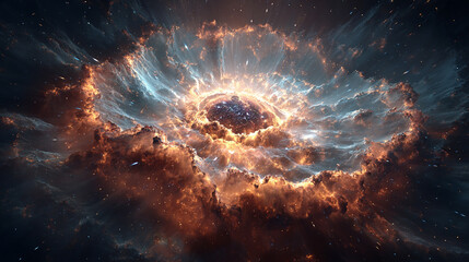 Powerful galactic explosion in deep space with radiant energy and swirling cosmic dust, representing creation, chaos, and the dynamic forces of the universe.