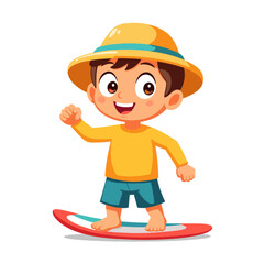 Happy young boy surfing on a colorful board with a hat  