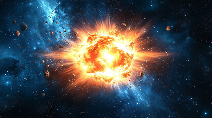 Powerful galactic explosion in deep space with radiant energy and swirling cosmic dust, representing creation, chaos, and the dynamic forces of the universe.