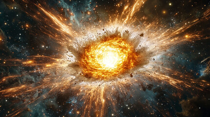 Powerful galactic explosion in deep space with radiant energy and swirling cosmic dust, representing creation, chaos, and the dynamic forces of the universe.