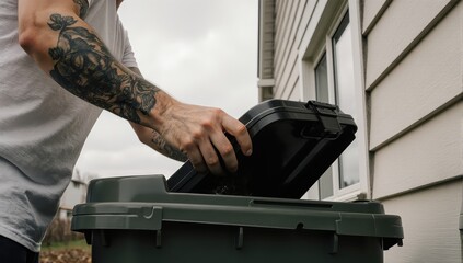 A realistic outdoor photograph on an overcast day shows a person in their 40s with a visible tattoo sleeve, performing a routine household chore