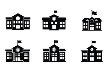 Set of six stylized school building icons representing education and institutions