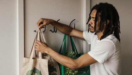In a realistic home setting, a young, gender-neutral individual with dreadlocks meticulously organizes reusable produce and grocery bags