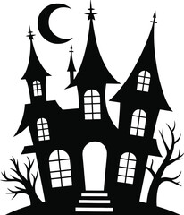 Fototapeta premium Spooky haunted castle with crescent moon and stars on transparent background silhouette