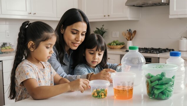 A realistic photograph captures a Latina mother patiently teaching her two young children, approximately 6 and 9 years old, the importance of recycling - Powered by Adobe