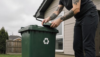 A realistic outdoor photograph on an overcast day shows a person in their 40s with a visible tattoo sleeve, performing a routine household chore.