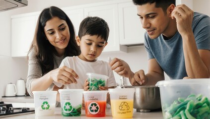 A realistic photograph captures a Latina mother patiently teaching her two young children, approximately 6 and 9 years old, the importance of recycling
