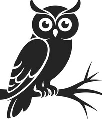A detailed black owl perched on a branch striking silhouette on transparent background