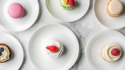 Assorted macarons and small cakes on white plates arranged on a marble surface. Delicate desserts, colorful presentation.