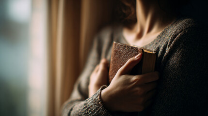 Woman Holding Bible to Chest in Prayer and Faith