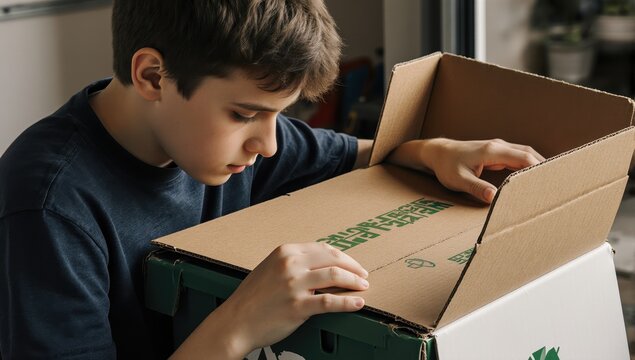 A realistic photograph captures a focused teenage boy with autism, meticulously flattening a cardboard box in his family's garage