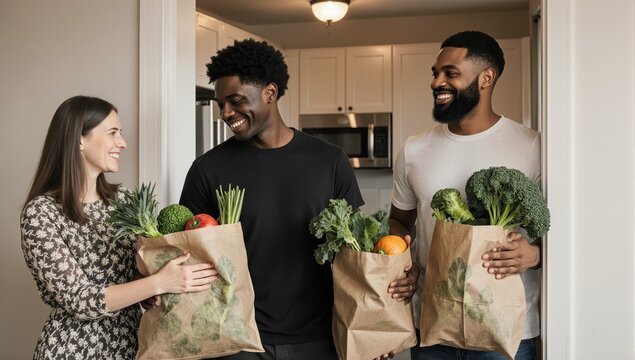 A diverse young couple, a white woman and a Black man in their late 20s, unloads fresh produce from reusable grocery bags in their apartment kitchen