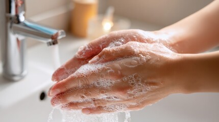 young woman washing cleansing soapy hands in bathroom to prevent coronavirus infection cleaning skin care in foamrubbing hands rinsing with running water covid 19 protection concept close up view no 