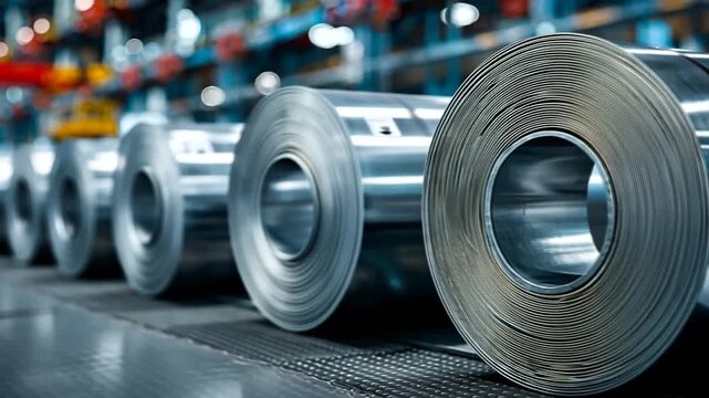 Steel Rolls in Industrial Warehouse with Heavy Machinery and Tools Nearby