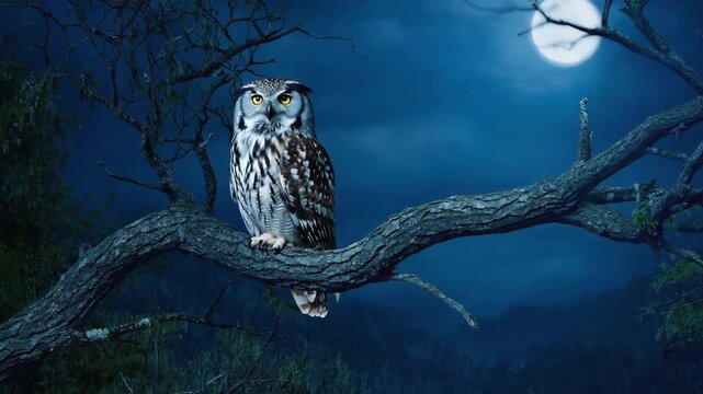 Eule auf Baum bei Mondschein &ndash; n&auml;chtliche Tierbeobachtung in mystischer Atmosph&auml;re