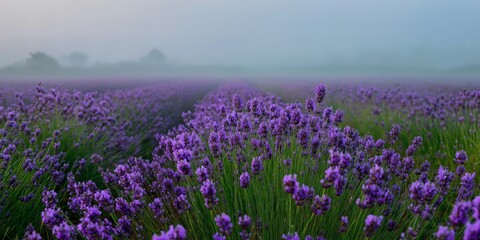 Obraz premium Lavender field under misty dawn, purple hues stretching into the distance.
