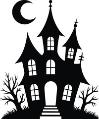 Spooky haunted castle with crescent moon on transparent background silhouette