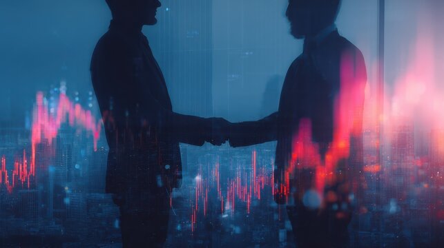 business deal concept with businessmen handshaking and digital display with forex chart graphs quotes and growing diagram double exposure no logos no brands ar 169 - Powered by Adobe