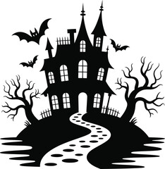 Spooky haunted castle with bats and trees on transparent background silhouette