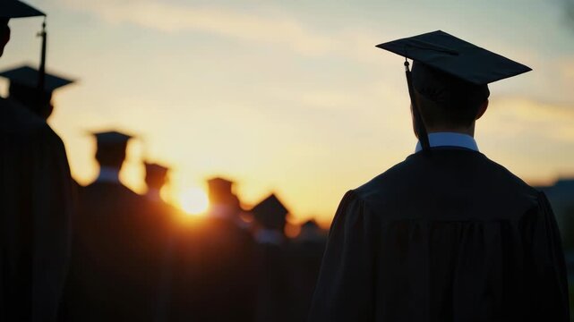 Silhouetted graduates in caps and gowns at sunset, captured from a low angle. The video conveys a sense of achievement and new beginnings. Live desktop wallpaper.