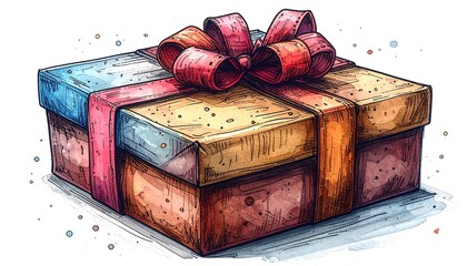 Hand-drawn gift box with a colorful ribbon