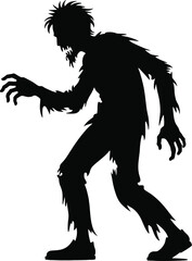 Creepy zombie creature walking forward black design ideal for halloween on transparent background silhouette