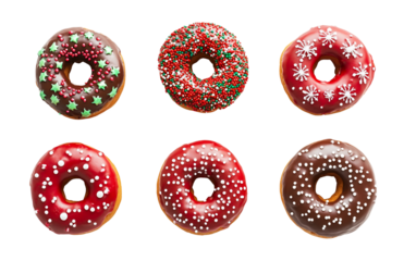 Assorted holiday doughnuts decorated with Christmas patterns and vibrant sugar toppings for festive celebrations isolated on transparent background PNG