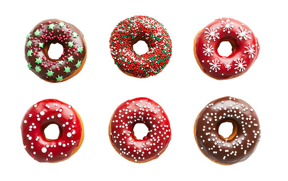 Assorted holiday doughnuts decorated with Christmas patterns and vibrant sugar toppings for festive celebrations isolated on transparent background PNG