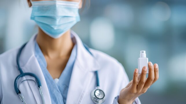 hygiene healthcare and safety concept  close up of doctor or nurse wearing face protective medical mask or respirator for protection from virus disease with hand sanitizer no logos no brands ar 169