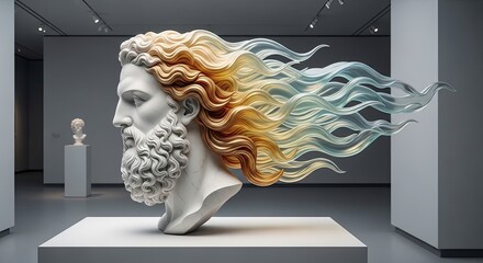 Ancient bust with flowing pixelated hair in a museum