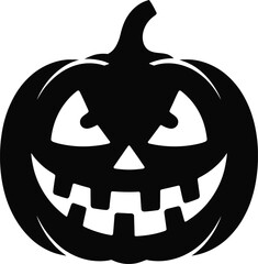 Black halloween pumpkin carving with a spooky grin on transparent background silhouette