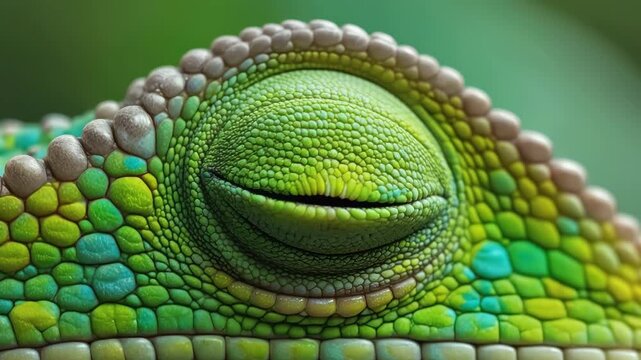 Macro shot of a bright green chameleon eye opening and closing, showing the intricate texture of the reptile skin and vivid scales.