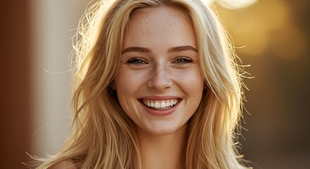 Fototapeta premium Woman Smiling with Freckles and Blonde Hair