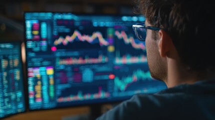 crypto trader investor analyst looking at computer screen analyzing financial graph data on pc monitor thinking of online stock exchange market trading investment global risks over shoulder view no l