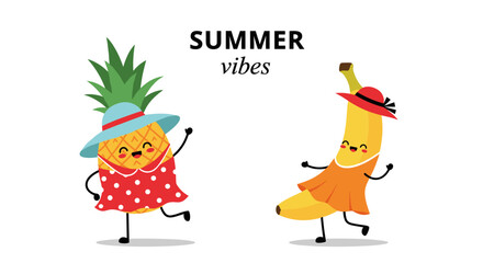 Naklejka premium Happy summer vibes with dancing tropical fruits in cute outfits