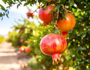Pomegranate fruits hanging from branches in a garden