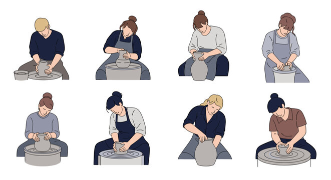 Illustrations of people practicing pottery on a spinning wheel learning the craft.