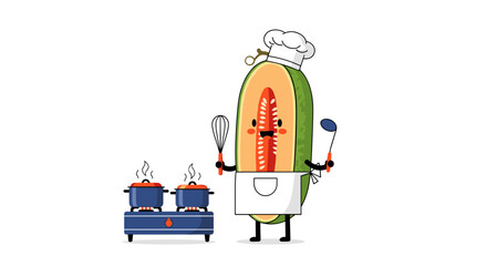 Naklejka premium A cartoon papaya character wearing a chef's hat and apron stands next to a stove with two pots of steaming food.