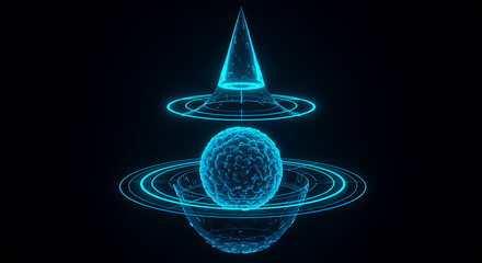 Glowing blue abstract sphere and cone on black background
