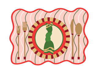 Trendy table setting vector illustration. Festive striped plate with napkin, forks, knife and spoon on pink scallop placemat isolated on white background. Cute modern Christmas dinner or party setup