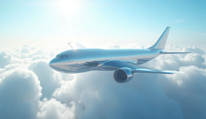Naklejka premium An airplane flying through deep clouds in the blue sky. Daytime. Bright. Travel. Jet.