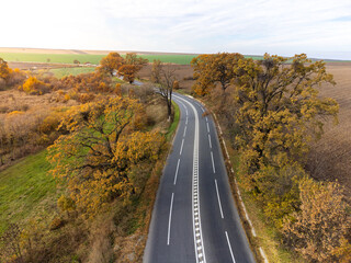 Aerial view of a highway in autumn season. Landscape with beautiful tres.