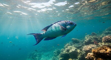 Naklejka premium Parrotfish Swimming Over Coral Reef