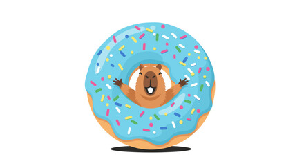 A happy capybara peeks through a delicious blue frosted donut covered in colorful sprinkles.